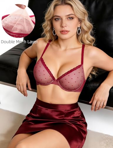 Image of Upushall Mesh Unlined Bras for Women Plunge Demi Lace Sexy Underwire Bra