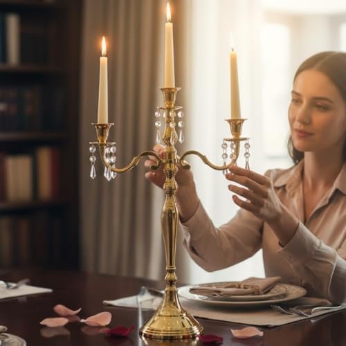 Image of Premium 24 Inch Golden Aluminum 3-Arm Candle Stand with Crystal Hangings | Luxury Centerpiece for Home Decor, Weddings, Festive Decoration & Dining Table