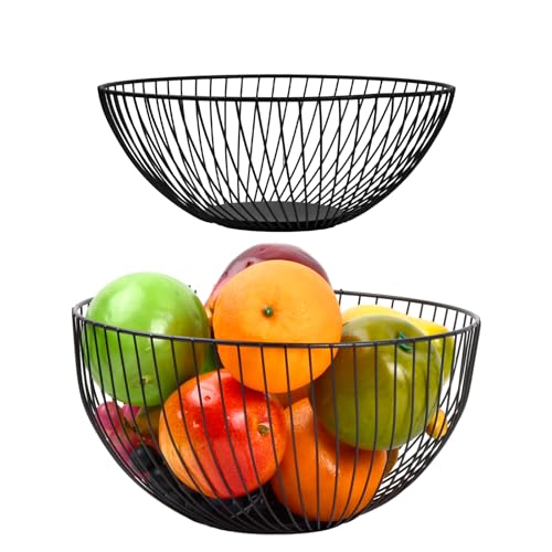 2 Ciotole per Frutta Nere, Moderne Ciotole per Frutta Decorative in Metallo, Cesto di Stoccaggio in Ferro, Cestino Decorativo Multifunzionale per Cucina o Casa
