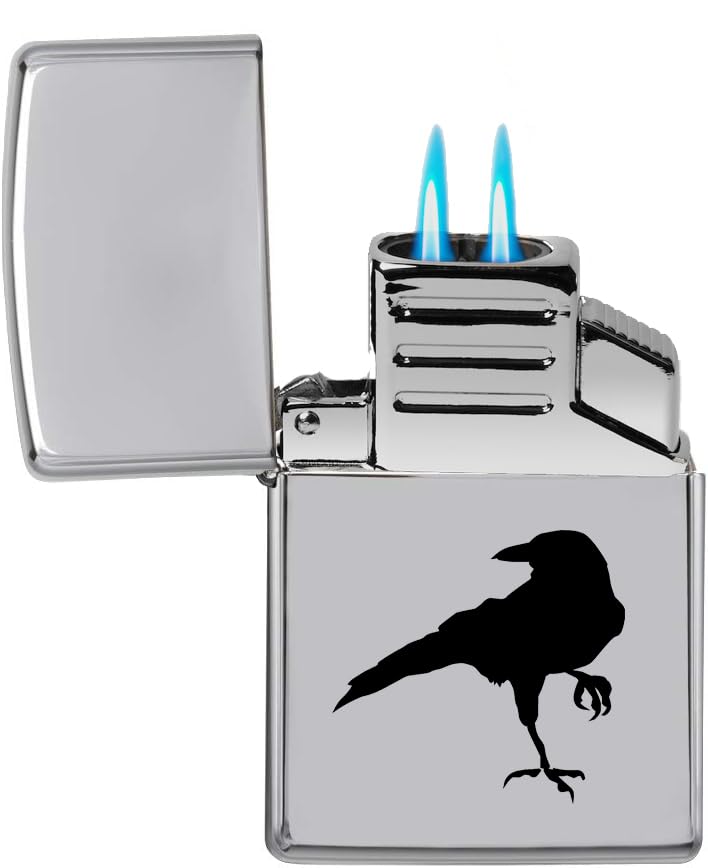 Encendedor soplete doble llama Crow Raven negro cromo miniatura 1
