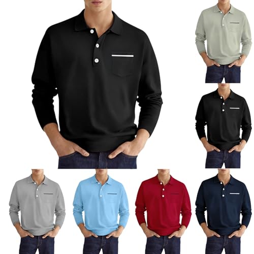 Family Christmas 2025 Shirt Men's Golf Shirts Long Sleeve Turndown Blouse Classic Fit Solid Color Button Tee V Neck Loose Stylish Tops Black,X-Large