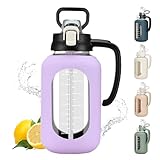Olivego 64 oz Glass Water Bolttles Half Gallon Large Motivational Water Bottle with Time Marker Sports Water Bottles with Silicone Sleeve and Handle Lid Water Jug for Gym Workout-1 Pack