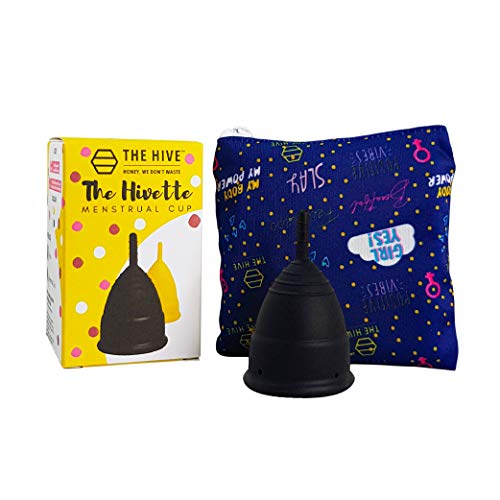 The Hivette Menstrual Cup  Reusable Period Cup  Comfortable, Super Soft and Flexible- Leak Proof | Sanitary Pad & Tampon Alternative  Comes with Free Waterproof Bag (Small-25ml, Black)