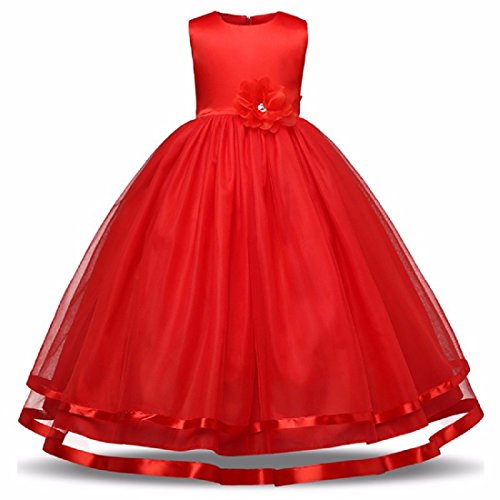 Image of Baby Girls Red Satin /Tissue Net Round Nack Fit and Flare Maxi Dress (WLT-061 8-9Years Kidswear)
