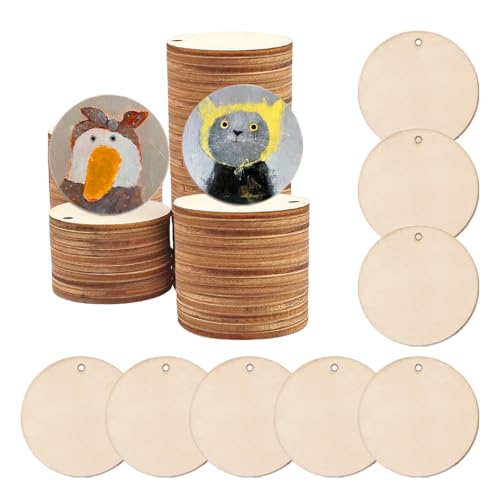 GIDWRIY 50 Piezas Rodajas Madera con Agujero 30 mm, Circulos Madera Manualidades,Trozos de Madera Redondo,Rodaja Madera Decorativa,Discos de Madera para Pintar,Discos Redondos de Madera para Bricolaje