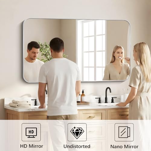 Image of DESBING 50 inchx30 inch Bathroom Mirror for Over Sink, Silver Framed Wall Mirror | High-Definition Shatterproof Vanity Mirror with Rounded Corner for Bedroom Living Room Entryway Horizontally or Vertically