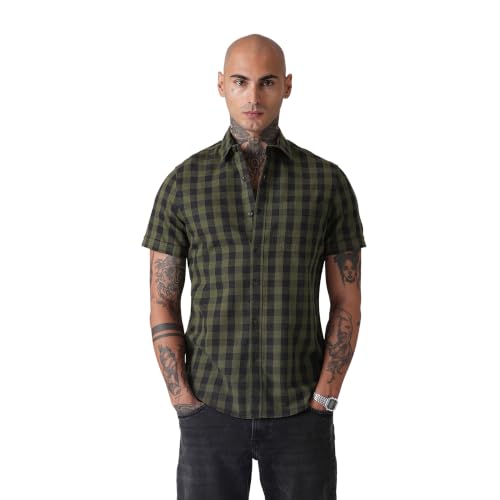 Image of BLUE BUDDHA Men Checked Casual Shirt | Tailored Fit Half Sleeve Shirt for Men | Curved Hem Ready to Wear, Office Casual & Weekend Wear