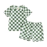 Toddler Boy Two Piece Swimsuit Checkered Short Sleeve top Trunk Rashguard Swimwear Boy Sun Protection Beach Clothing (Green, 18-24 Months)