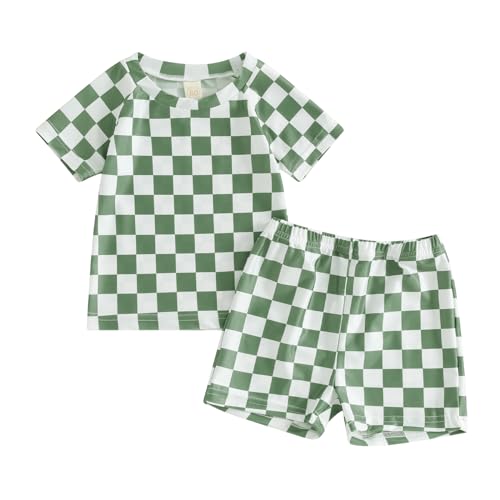 Toddler Boy Two Piece Swimsuit Checkered Short Sleeve top Trunk Rashguard Swimwear Boy Sun Protection Beach Clothing (Green, 18-24 Months)