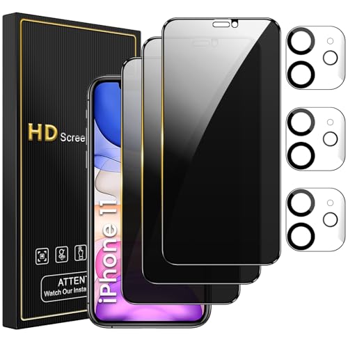 Romkasi 3 Pack Privacy Screen Protector for iPhone 11 6.1 Inch with 3 Pack Camera Lens Protector, Anti Spy Tempered Glass Film, Anti-Scratch, Touch Sensitive, Case Friendly