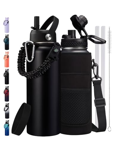 Image of 40 oz Insulated Water Bottle - Cold 48H & Hot 24H, Reusable Metal Water Bottle Hydro Cup with Paracord Handle Straw Spout Lids, Carrier Bag, Wide Mouth Thermal Mug for Sports Fitness Hiking