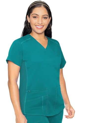 Med Couture V-Neck Scrub Top for Women with 4 Pockets, Rib-Knit Side Panel, and Shirttail Hem MC7459