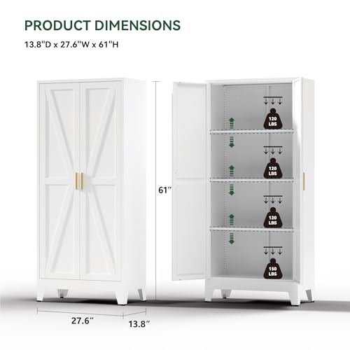 Image of Kitchen Pantry Cabinet with Barn Doors,61 inch H x 27.5 inch W,Metal Farmhouse Storage Cabinet with Adjustable Shelves,4-Tier Storage Cabinet for Kitchen Dining Room Garage Office,White 1 Pack