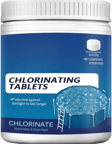 Chlorine Tablets for Pool Clean Slow Dissolving Chlorine Tabs Prevents Bacteria & Algae Restores Crystal Clear Water for Swimming Pools Pool Care 200g (10pcs*20g Avoid Direct Physical Contact)