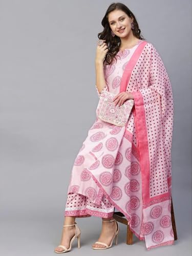 Tee Projekt Women's Cotton Blend Sweetheart Neck Straight Kurta Pant With Dupatta Set Ll Straight Kurta Set Ll Printed Kurta Set Pink