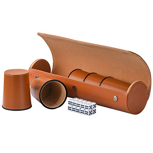 Juego de tazas de dados de cuero 5X, taza de dados de cuero con 25 dados, estuche exclusivo de almacenamiento y transporte de piel sintética con cierre magnético para Farkle, Yahtzee Cover