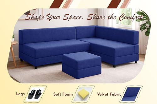 Image of Leg Sofa Cum Bed with Ottoman | Jute Fabric | Multipurpose Folding 3 Seater Sofa Bed 5x6 Ft for Living Room | Space Saving Furniture | Modern Design - Blue