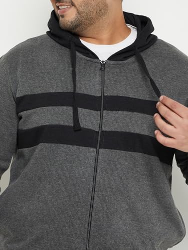 Image of AUSTIVO Men's Grey Full Sleeve Striper Hooded Plus Size Sweatshirt