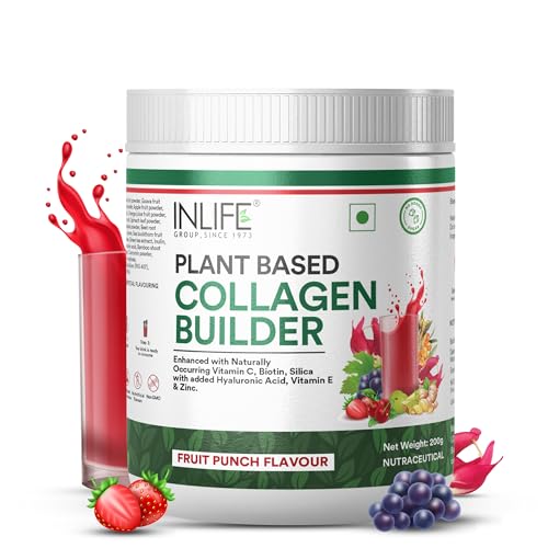 Image of INLIFE Collagen Builder Supplements For Women and Men | Plant Based Collagen Powder with Biotin from Sesbania, Vitamin C, Silica, Hyaluronic Acid, Vitamin E, 200g (Fruit Punch)