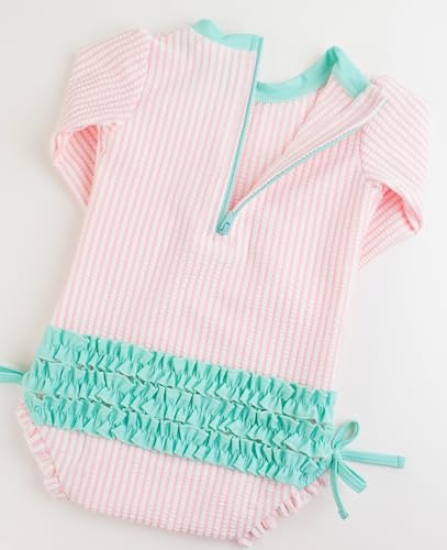 Image of RuffleButts Baby-Girls Seersucker Long Sleeve Rash Guard - One Piece Swimsuit UPF 50+ Toddler
