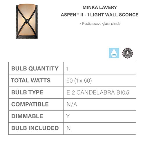 Minka Lavery Wall Sconce Lighting 1974-1-138, Aspen Ii Glass Damp Bath Vanity Fixture, 1 Light, 60 Watts, Bronze #TOP3