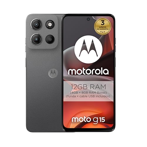 Motorola Moto g15 12GB (4GB+8GB RAM Boost)/128GB Gris, España, Pantalla de 6,72” FHD+, Sistema de cámaras de 50 MP y Objetivo Ultra Gran Angular, Batería 5200 mAh, Carga TurboPower, Cuero Vegano