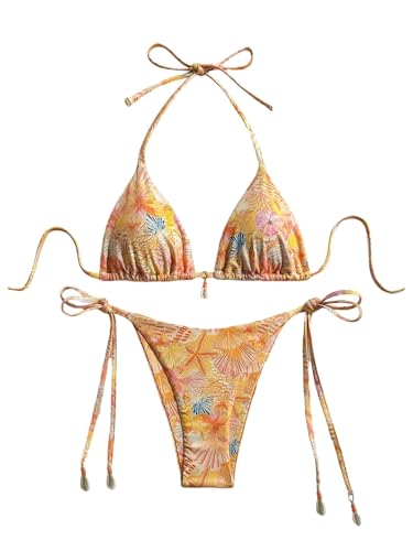 Women's Shell String Bikini 2 Piece High Cut Thong Halter Triangle Swimsuits Boho Swimwear