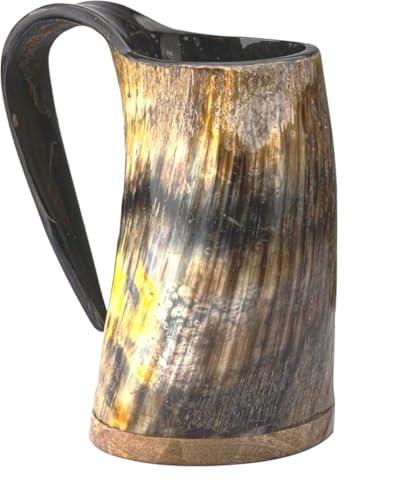 Spiritual Gifts Ox Horn Mug, Ale, Mead, and Beer Tankard, Vintage Stein with Handle, Natural Finish, Thors Hammer (Natural | Thors Hammer)