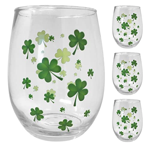 Shamrock Stemless Wine Glasses, Set of 4 - 20 oz Irish Wine Glasses with Green Shamrock Design - St. Patrick's Day Glassware - Celtic Gifts for Women & Men - Irish Party Decorations - 4.75" Tall