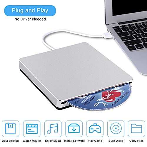 SOMDARHK External CD DVD Drive USB & Type-C Portable CD/DVD Burner Writer Reader, Slim Optical Disc Drive DVD Player for Laptop Mac MacBook Air Pro Apple PC Computer Windows 11/10