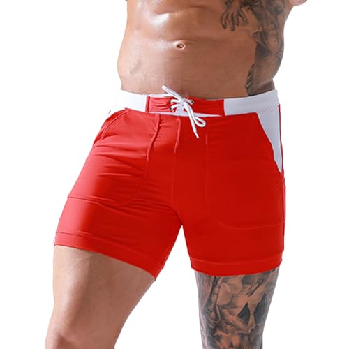 SMUXP Traje de baño para hombre, elásticos, ajustados, con bolsillos, pantalones cortos de playa transpirables con cintura ajustable, 1#Rojo, S