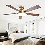 Vaczon 52 Inch Low Profile Gold Ceiling Fan with Lights, Modern Black and Gold Ceiling Fans with Remote/APP for Indoor Bedroom, Flush Mount, 12.2'' Large 3CCT LED Light Panel, 6-Speed Quiet DC Motor