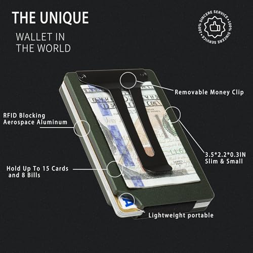 Image of Minimalist Wallet for Men, Slim Metal RFID Blocking Wallet Credit Card Holder Money Clip & Cash Strap, Scratch-Resistant Holds 15 Cards,Ideal Gift for Men | -Matt Green