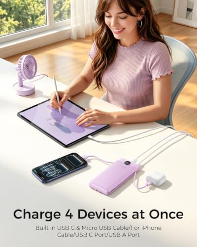 Image of VEGER Portable Charger with Built-in AC Plug and Cables, All in One 10000mAh Ultra Slim Power Bank Travel Essentials, USB C External Battery Pack Compatible with iPhone, Samsung, More, Purple