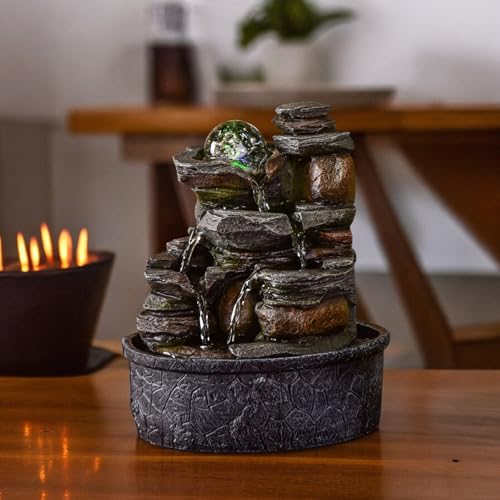 Zimmerbrunnen Wasserfall Natur Stein Rock Light Effekt Buntes Licht, Geschenkidee, Bewegte Innendekoration - Zen Tischbrunnen Entspannend, Feng Shui Objekt Glück, H 23cm - Satya Zen'Light