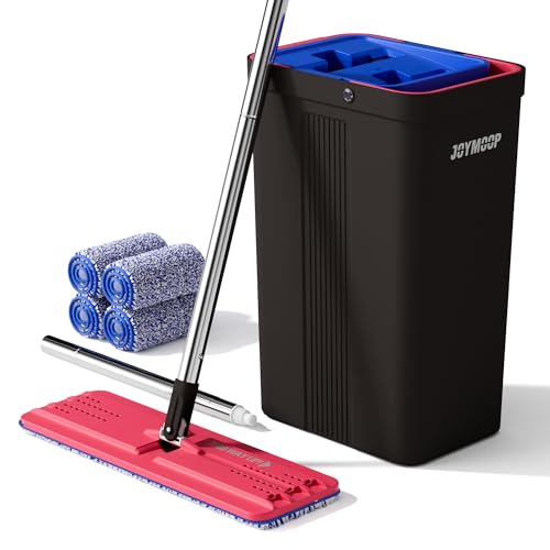 JOYMOOP Juego de mopa y Cubo con escurridor, mopa Plana Manos Libres, 4 Almohadillas Microfibra Lavables, Uso seco y húmedo, Sistema de Limpieza - Negro + Rojo + Azul Pizarra