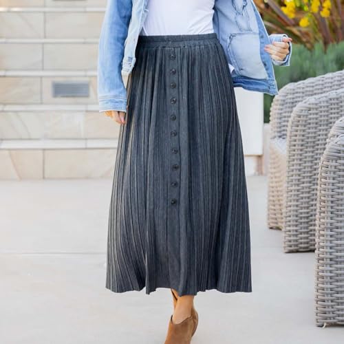 Lmdudan 2025 Womens Elegant Long Pleated Skirts Trendy Button Flowy Bohemian Skirt Elastic High Waisted Work Office Skirts4