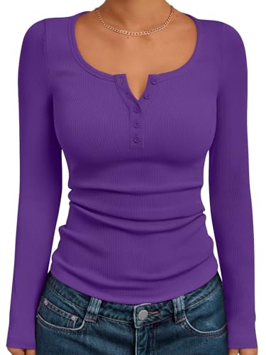 Trendy Queen Long Sleeve Shirts for Women Henley Ribbed Fall