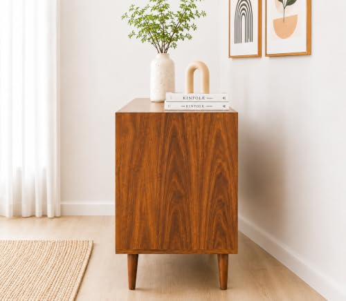 Image of Solid Sheesham Wood Sideboard Cabinet with 3 Drawers & 2 Door Storage | Wooden Buffet Cabinet for Dining Room | Modern Storage Console for Living Room & Entryway