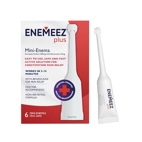Enemeez Plus Mini-Enemas docusate Sodium with benzocaine Stool Softener Fast-Acting Constipation Relief Promotes Bowel Movement in 2-15 Minutes 1 Box with 6 Total Single-Use 5ml Tubes