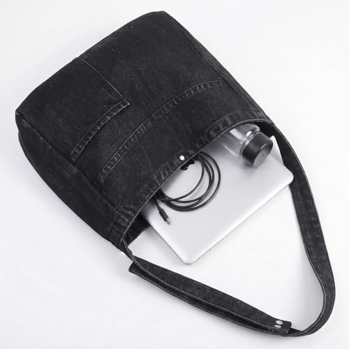 Image of Denim Shoulder Bag - Women's Retro Large Canvas Crossbody Tote Bag, Casual Style Lightweight