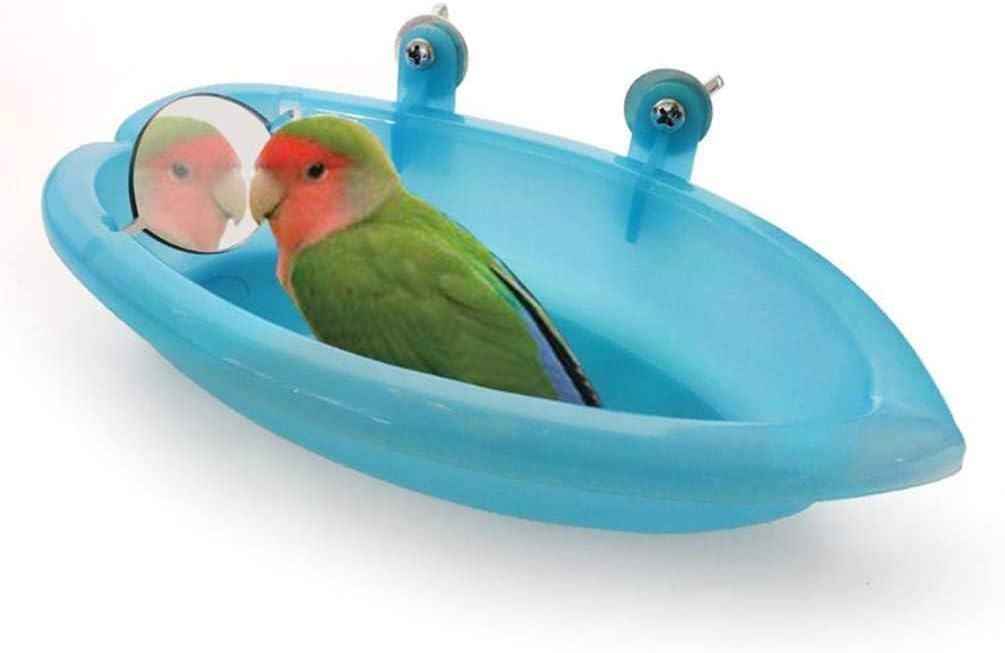 Bird Bathtub with Mirror Toy Shower Tub Bathtub Cleaning Tool Plastic Durable Adorable Odorless for Small Parrot Parakeet Cockatiel Conure Lovebird Finch Budgie Canary Cage Accessories (A)