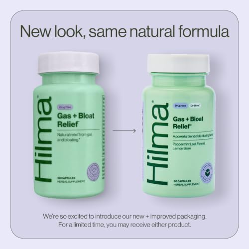 Image of Hilma Gas and Bloating Relief, 50 Vegan Capsules | Natural Herbal Supplements with Peppermint Leaf, Anise, Caraway, Fennel Seed & Lemon Balm for Debloat & Gut Support