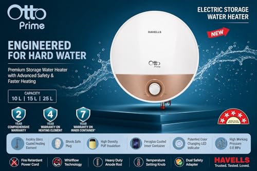 Image of Havells Otto Prime 15 Litre Storage Water Heater (Geyser) | Incoloy Glass Coated Heating Element | Feroglas Tank | Shock Safe Plug | LED Indicator | White & Champagne Gold