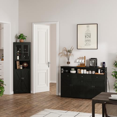 Image of 51 inch Black Buffet Sideboard Cabinet with Storage, Farmhouse Kitchen Storage | Pantry Cabinet with Drawers, Wood Cupboard Hutch, Coffee Bar Station Table for Kitchen, Living Room, Dining Room