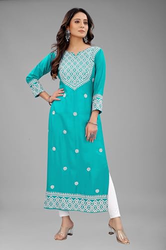 Image of Women's Rayon Embroidered Straight Kurti Under 499 Designer Attractive Look Women's Kurta