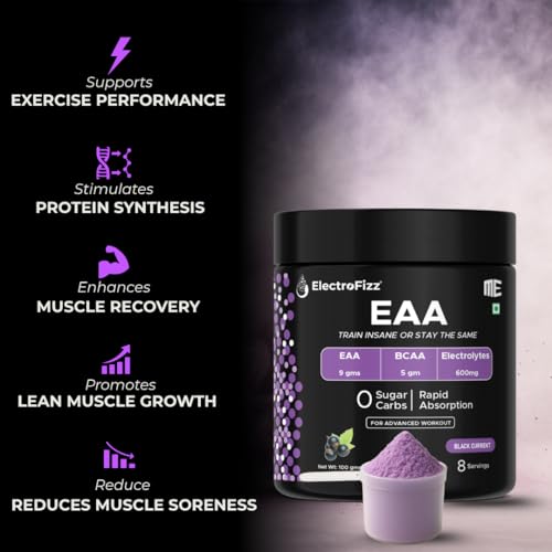Image of Advanced EAA Supplement For Men & Women With Hydration Blend & Vitamins | 9000 mg EAA intra workout Supplement With BCAA 5000Mg - 8 Servings,100 gms (Black currant)