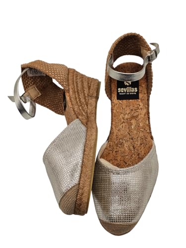 Sevillаs Alpargata Cuña Esparto con Cierre de Tobillo, Plateado Metalizado, Suela de Yute, Hecho en España (Sistema Tallas Calzado EU, Adulto, Mujer, Números, Mediano, 35)