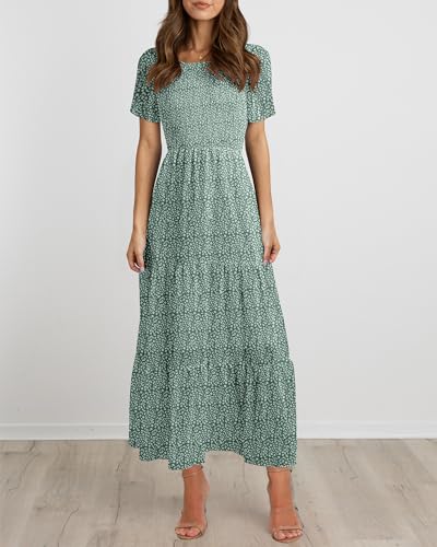 Image of BTFBM Women Casual Short Sleeve Crew Neck Summer Dress Bohemian Floral Printed Flowy Maxi Dresses Tiered Cocktail Dress