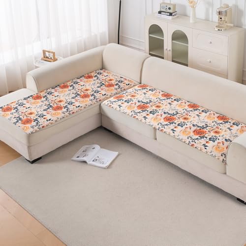 Image of HOKIPO 'Nature Muse' Premium HD Printed Holland Velvet L Shape (3+2 Seater) Sofa Cover Seat Mat, Caramel Ambrosia (IN-916-D8 + IN-918-D8)